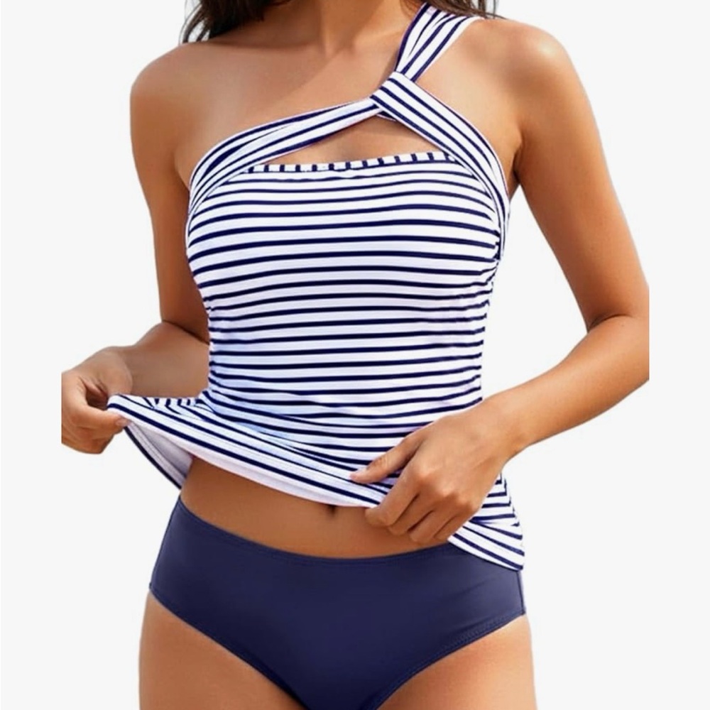 Elegant Navy Striped One-Shoulder Takini